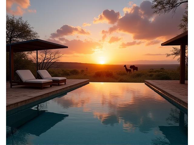 Opulent safari lodge communal area with infinity pool overlooking a watering hole at sunset.