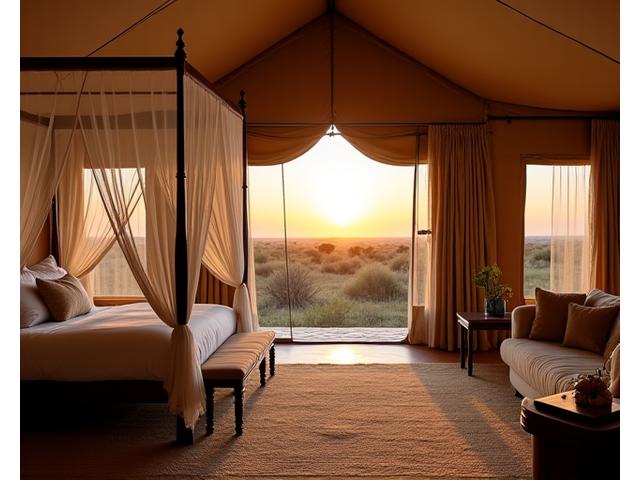 Spacious, elegantly furnished luxury tented camp interior with four-poster bed and panoramic views.