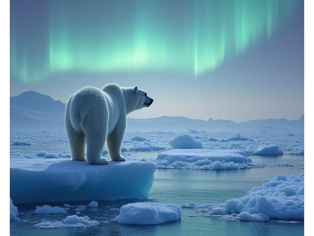 A majestic polar bear standing on an ice floe in the Arctic, with aurora borealis in the sky.
