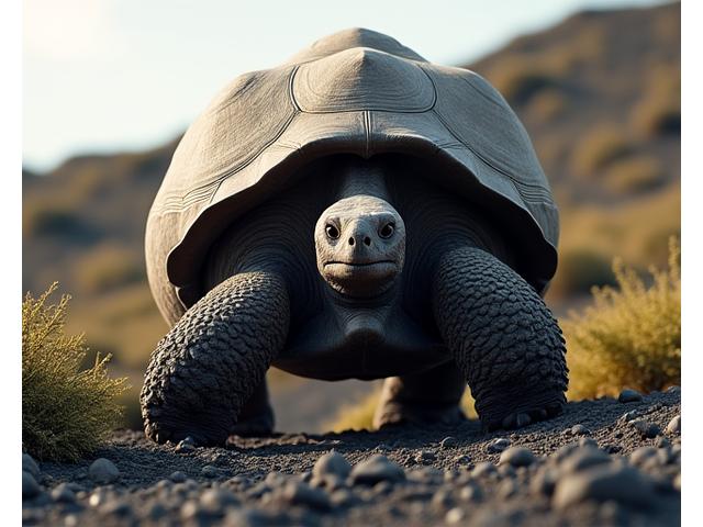 A giant Galapagos tortoise slowly moving in its natural, volcanic island habitat.