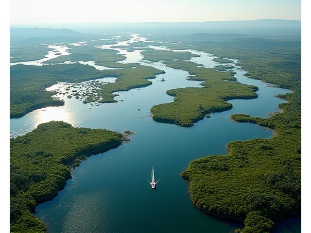 Aerial shot of winding waterways and lush islands in the Okavango Delta, Botswana.