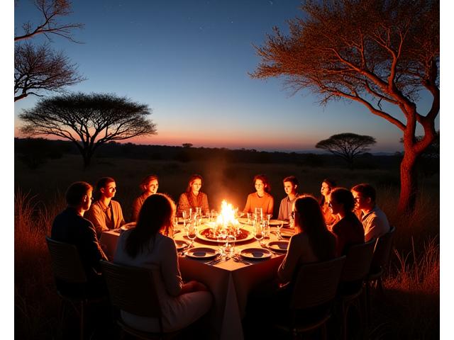 Guests enjoying a safari celebration in an African bush camp with elegant lighting.
