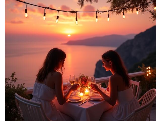 Couple dancing under a canopy of twinkling lights in a romantic garden setting.