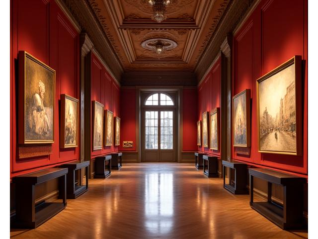 Interior of a modern art museum with grand architecture illuminated for an evening event.