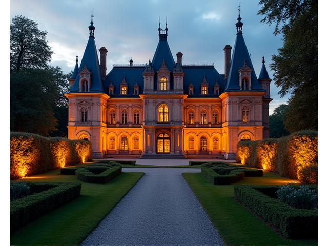 Grand historic castle nestled in lush European countryside, adorned with event lighting.