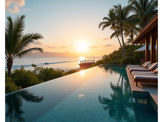 Expansive luxury resort with infinity pool overlooking tropical ocean, set for a grand event.