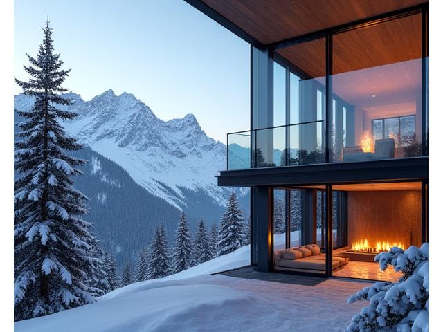 Luxury mountain lodge with snow-capped peaks in the background and a warm, inviting interior.