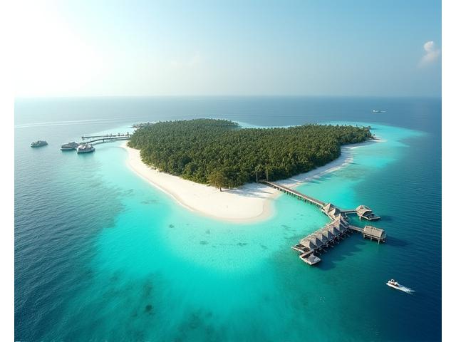Aerial view of a pristine private island with luxury villas and white sand beaches, ideal for exclusive events.