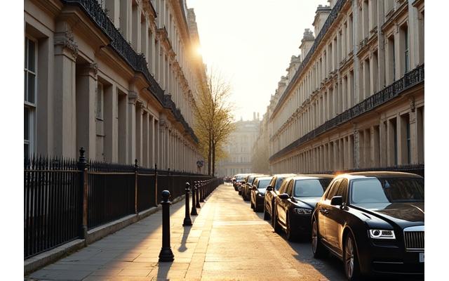 Elegant Mayfair street with luxury cars and classic architecture under soft lighting
