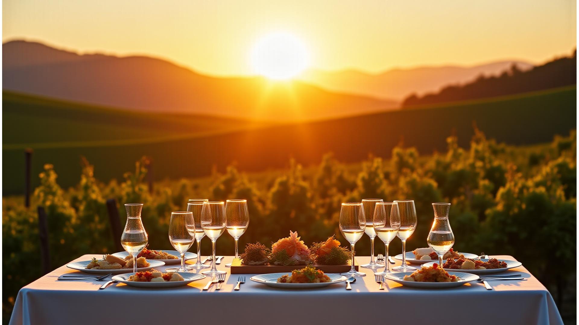 Panoramic view of a sun-drenched vineyard with an opulent outdoor dining setup, featuring crystal glasses and gourmet dishes