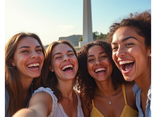 A diverse group of millennial friends laughing and taking a selfie in front of an iconic landmark, showcasing authentic joy and connection.