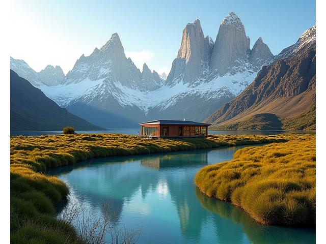 Sustainable luxury eco-lodge nestled in the dramatic landscapes of Patagonia, Chile, with snow-capped mountains and pristine lakes.